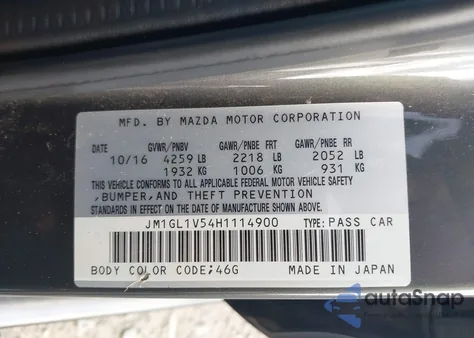 2017 Mazda Mazda6 Touring из США, поврежденный, VIN JM1GL1V54H1114900